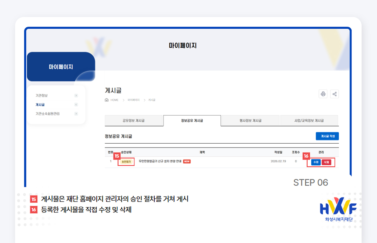 Step06 게시물은 재단 홈페이지 관리자의 승인 절차를 거쳐 게시/등록한 게시물은 직접 수정 및 삭제